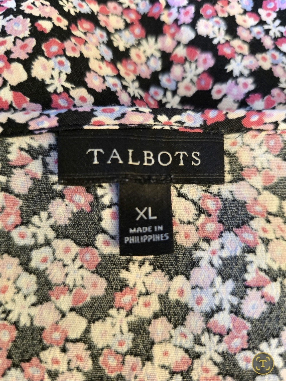 Talbots Black and Pink Floral V-Neck Short Sleeve Top - Picture 5 of 6